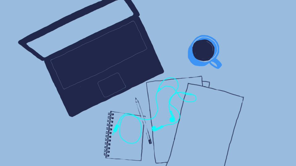 Illustration över laptop, papper och penna