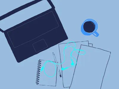 Illustration över laptop, papper och penna