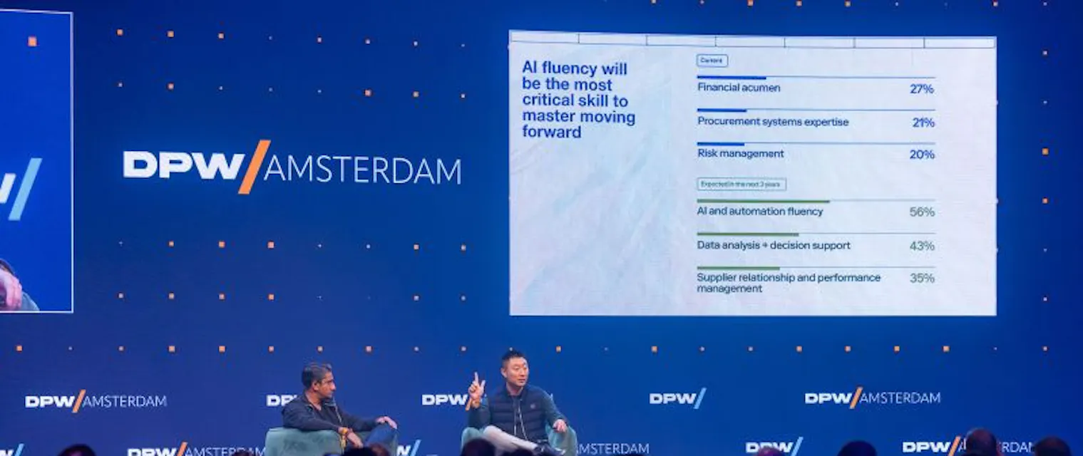 A fireside chat on the DPW Amsterdam main stage, with a slide on AI fluency as a procurement skill