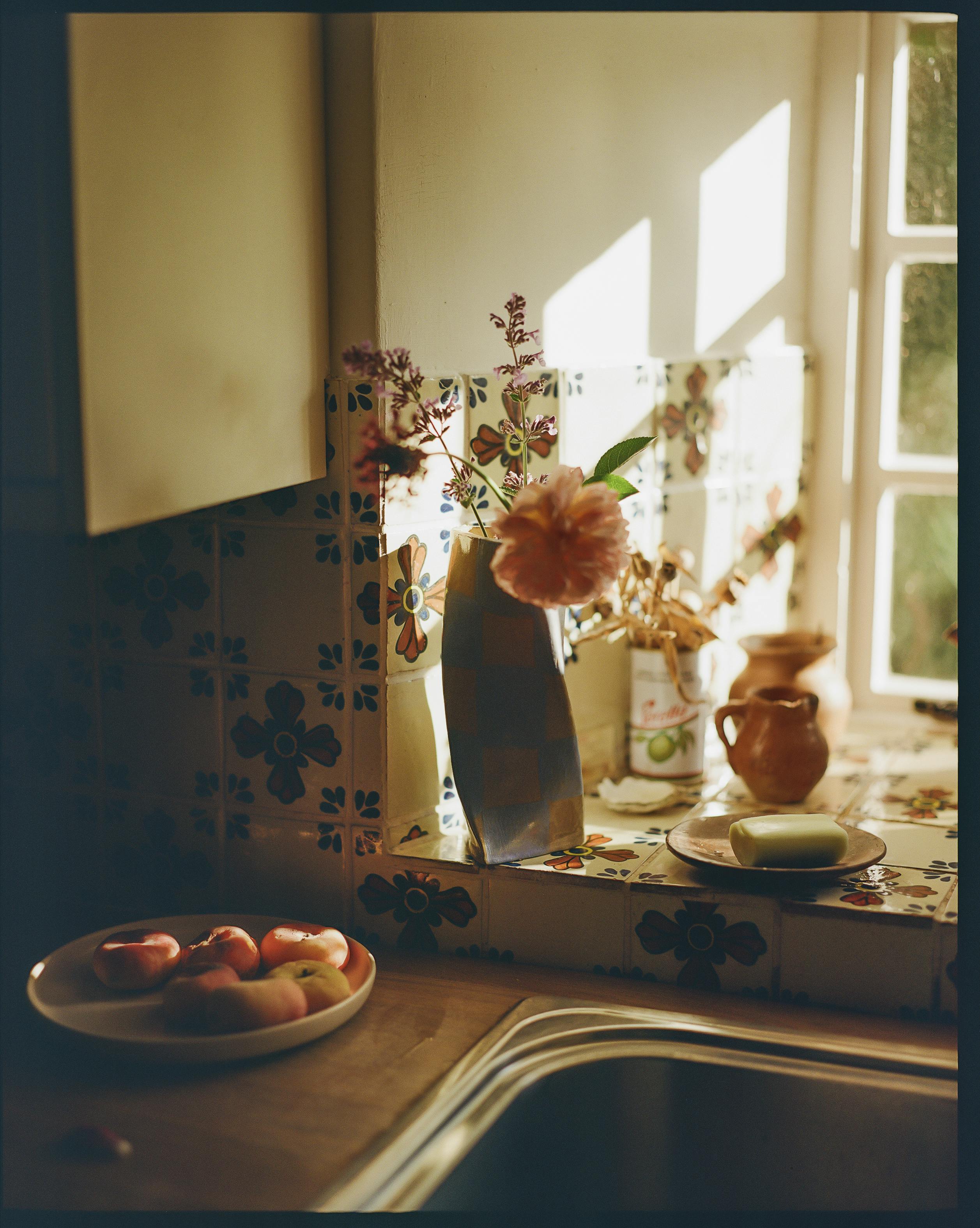 sunlight in Lucy's kitchen coming in through the window, a vase of flowers on the windowsill