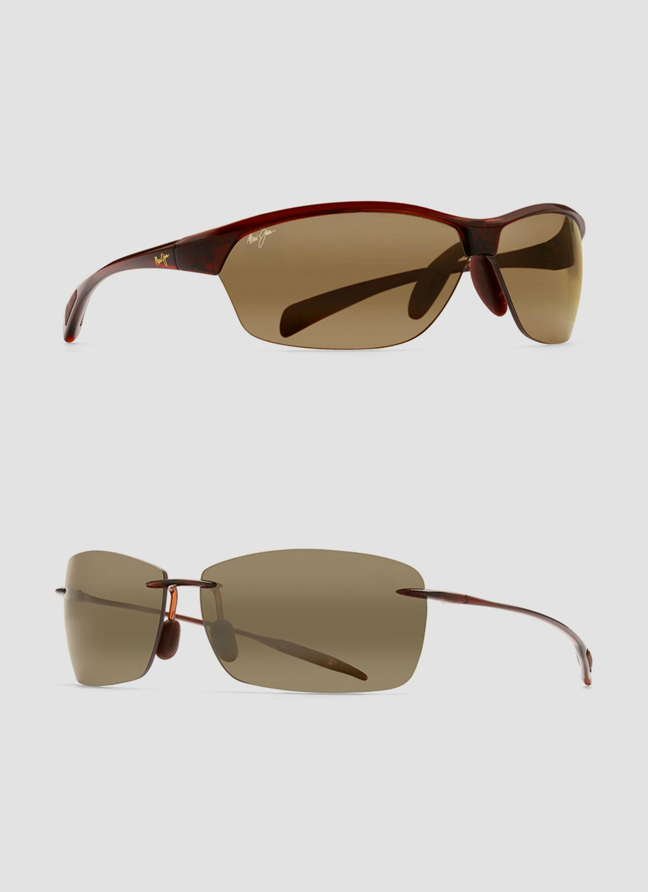 2 lunettes de soleil sport Maui Jim nylon marron nylor galbée verres brun polarisant et percée nylon brun polarisant effet miroir bi dégradé