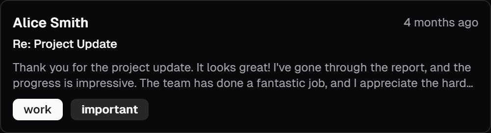 An open email from Alice praising an ongoing project