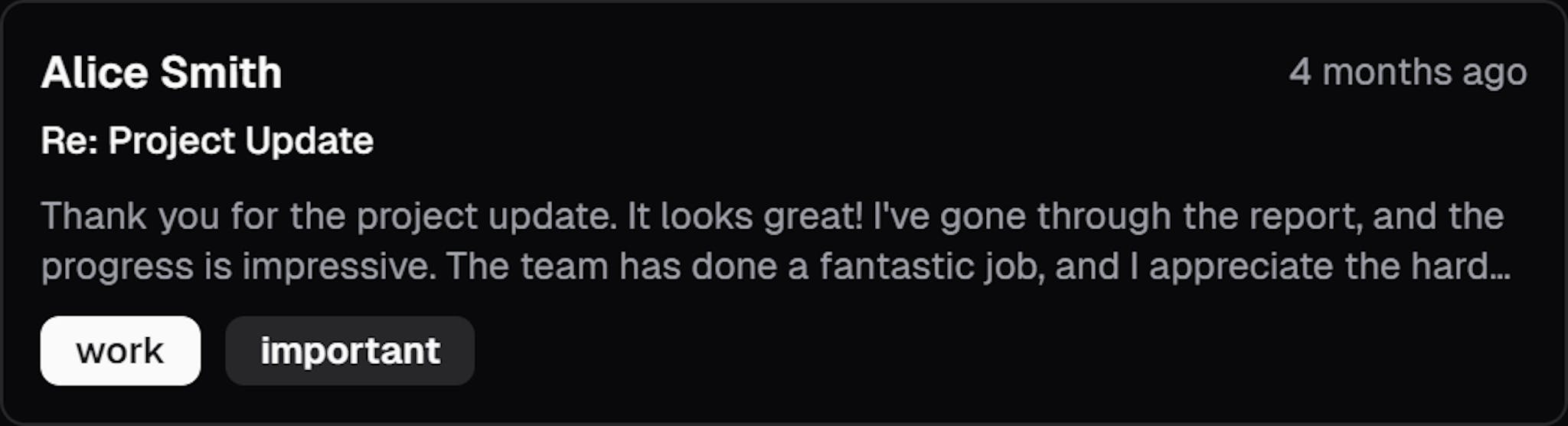 An open email from Alice praising an ongoing project