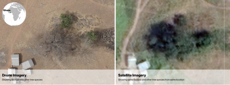 high resolution earth observation data with drones to the left compared with low resolution satellite images to the right 