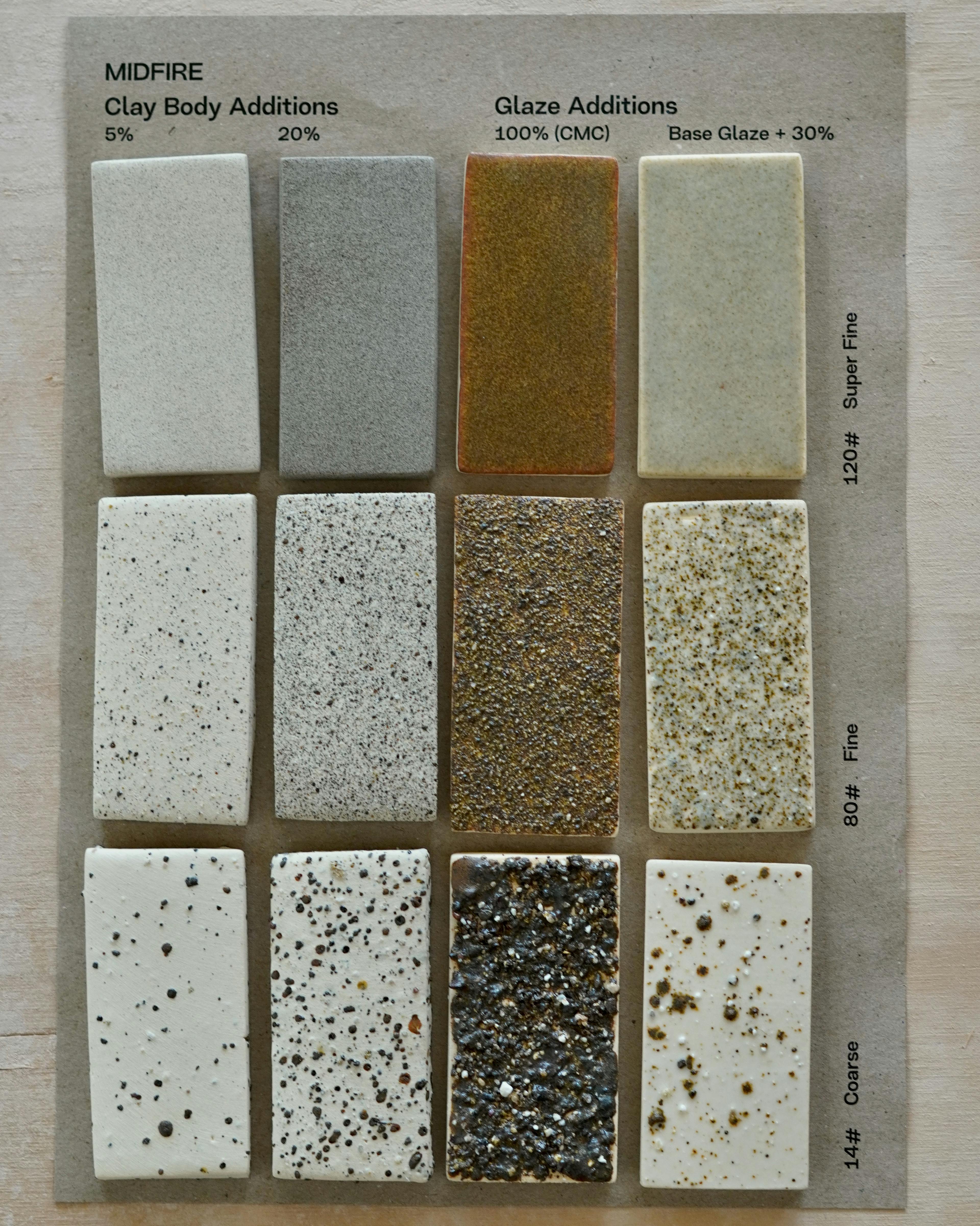 An image showcasing ceramic glaze test tiles using recycled waste materials. 