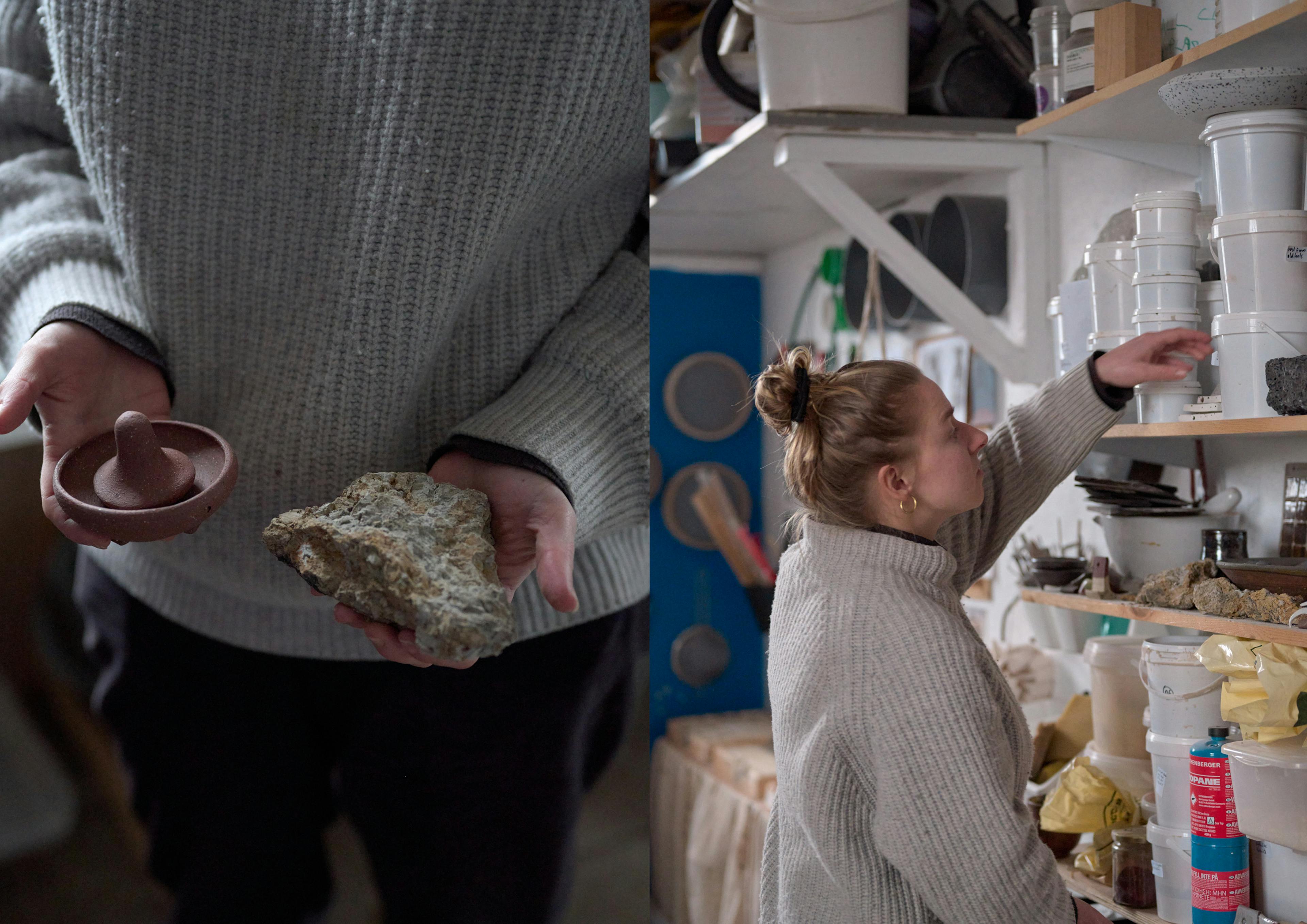 An image showing a woman in a ceramic studio reaching towards shelves. 