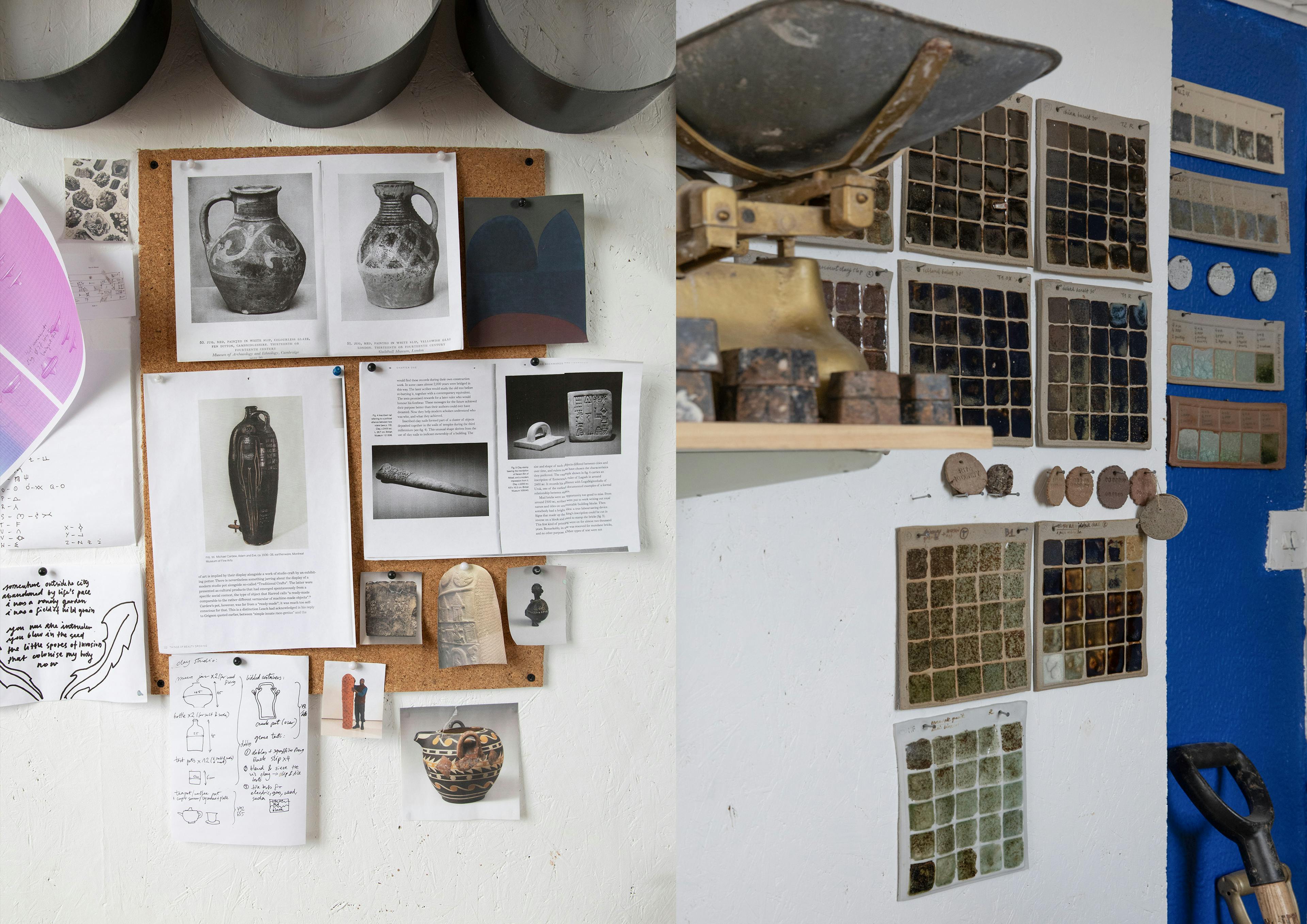 Ceramic studio walls showing inspiration images, drawings, photos of pots and multiple ceramic glaze tests