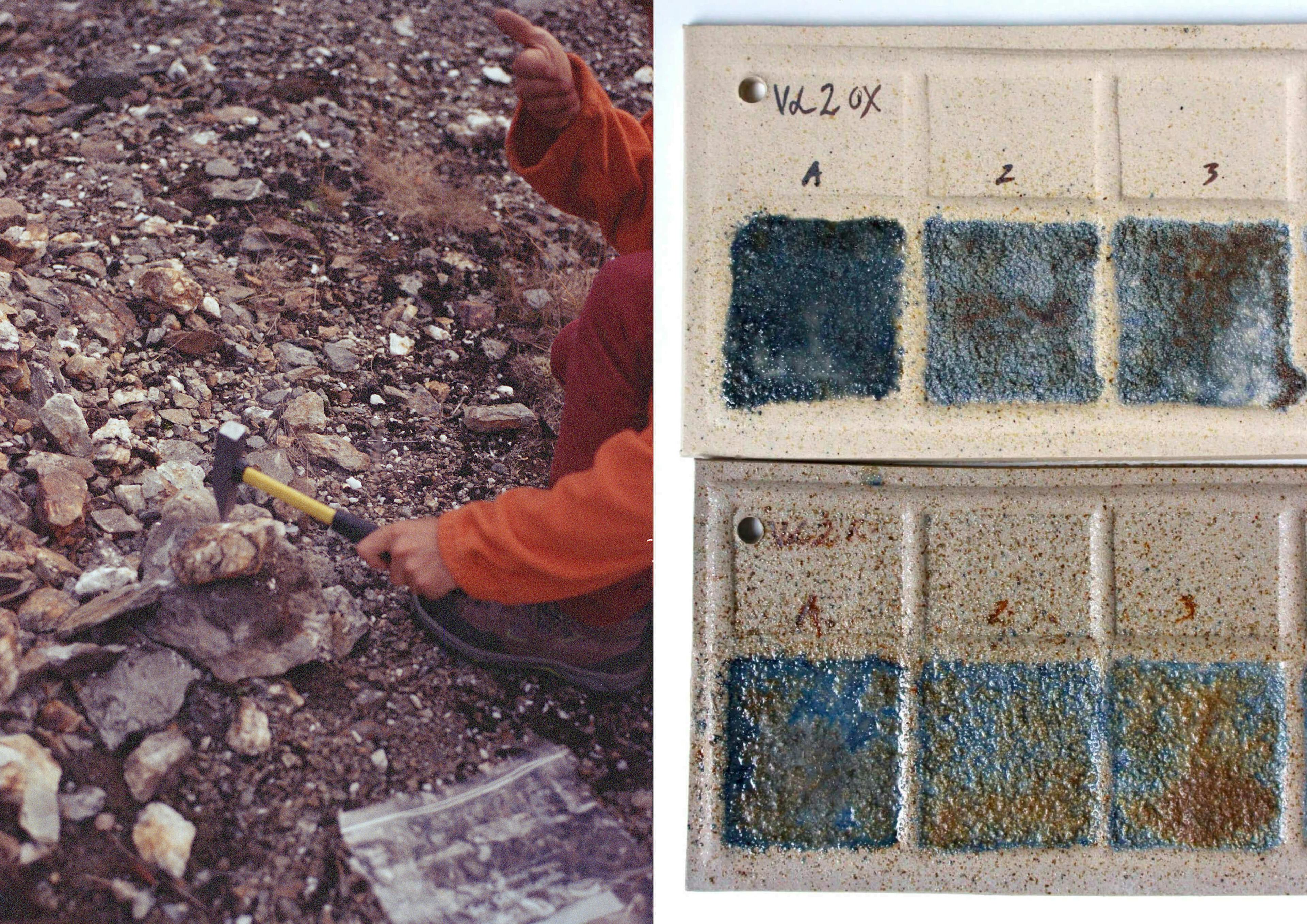 This image shows blue glaze test tiles. 