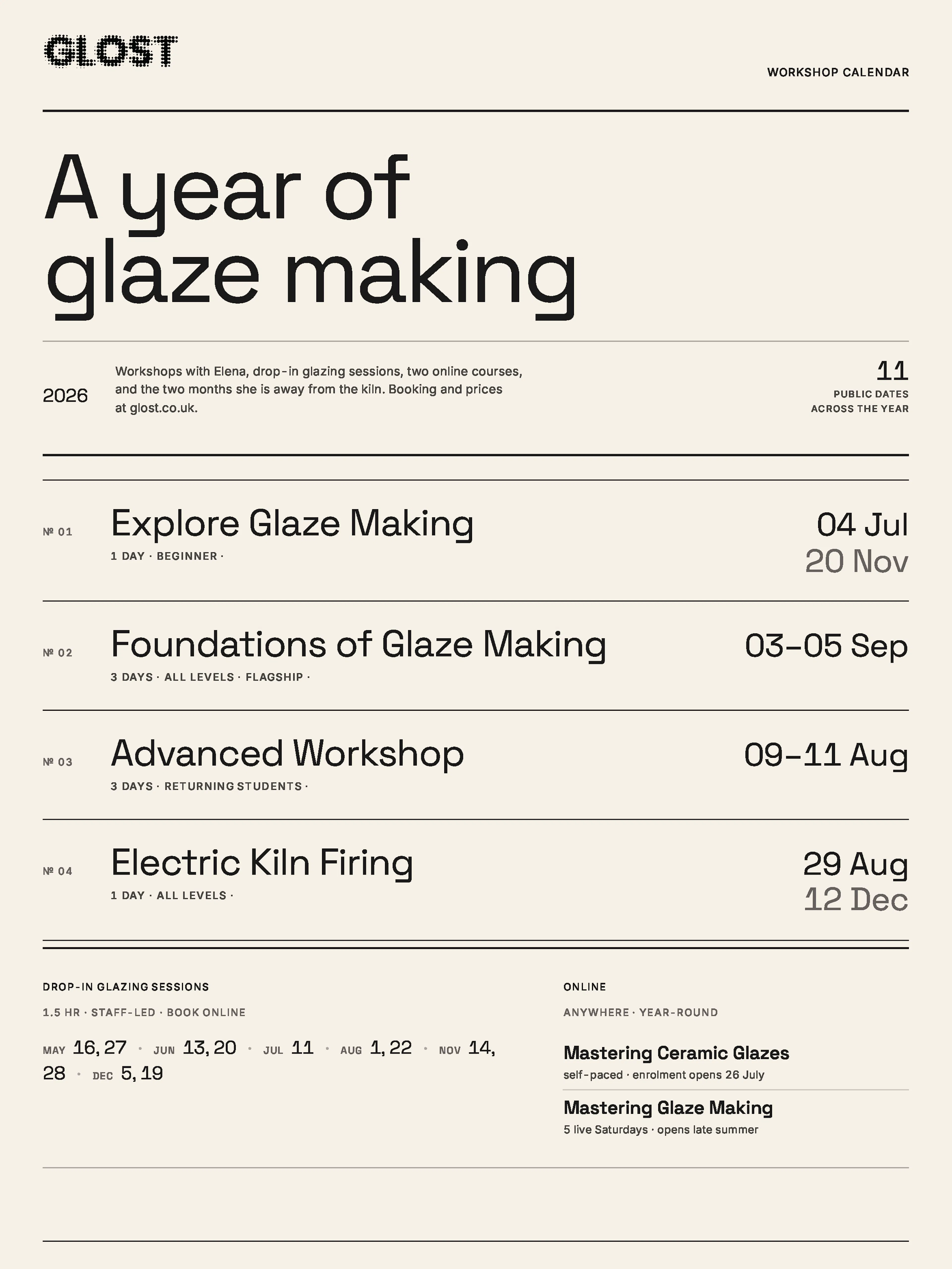 Glost glaze making yearly workshop calendar