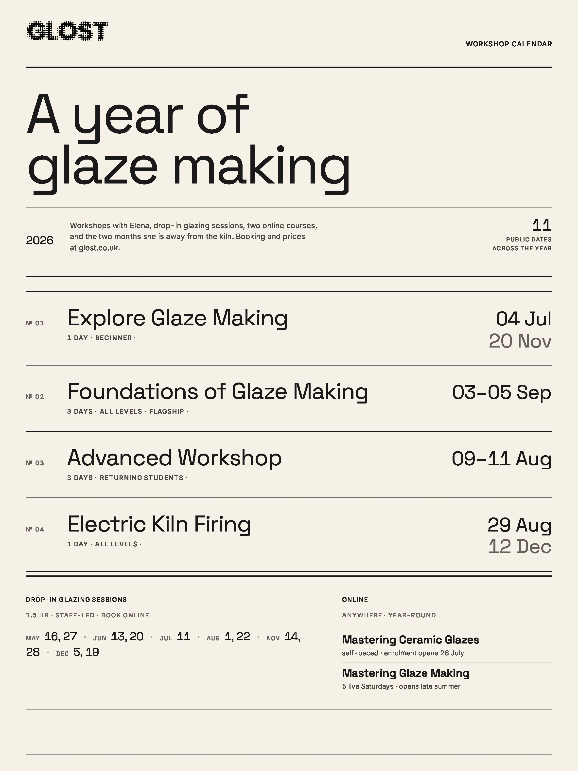 Glost glaze making yearly workshop calendar
