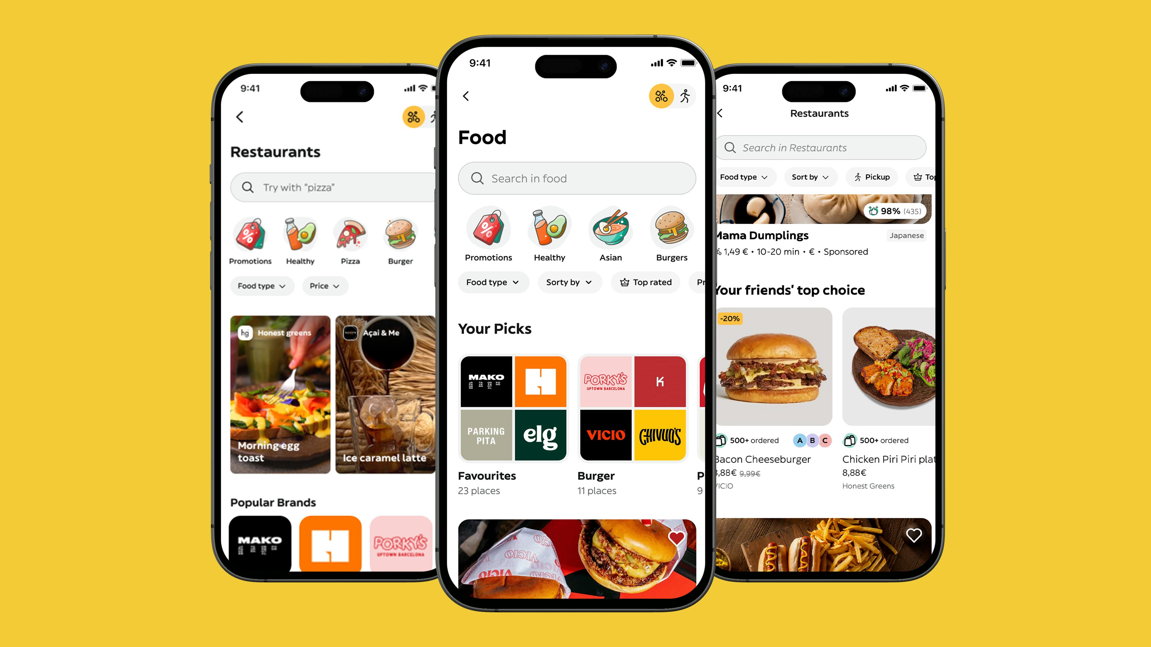 From left to right, the new Glovo features: video, "Picks" and social