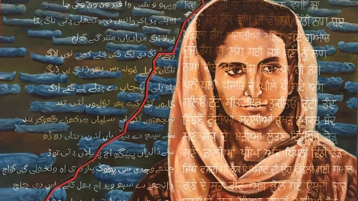 Painting of Panjabi woman with Panjabi writing written on top