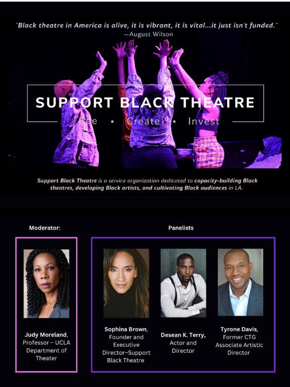 Poster for the event Support Black Theatre. Image of four performers, and individual photos of the speakers.
