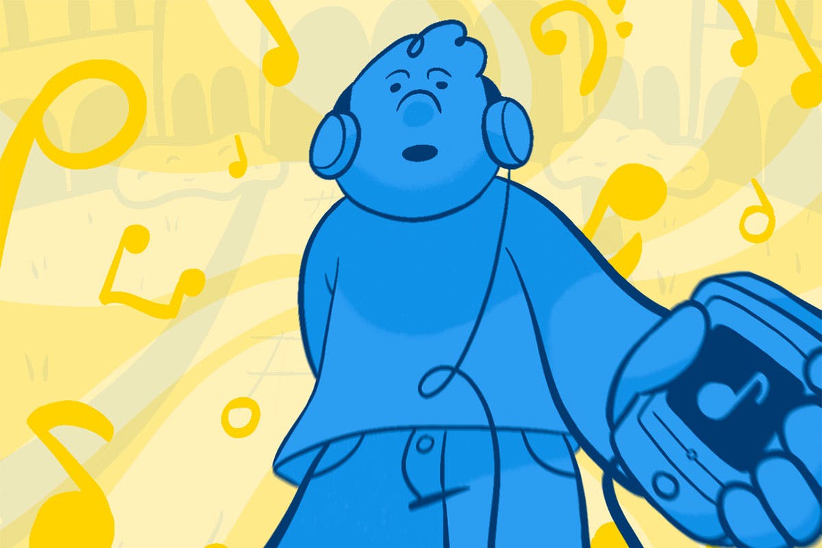 An illustration of a blue figure wearing headphones, against a yellow background and musical notes.