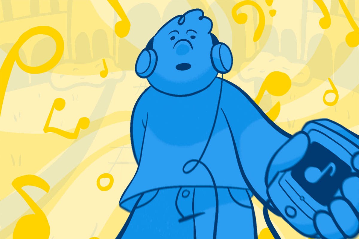 An illustration of a blue figure wearing headphones, against a yellow background and musical notes.