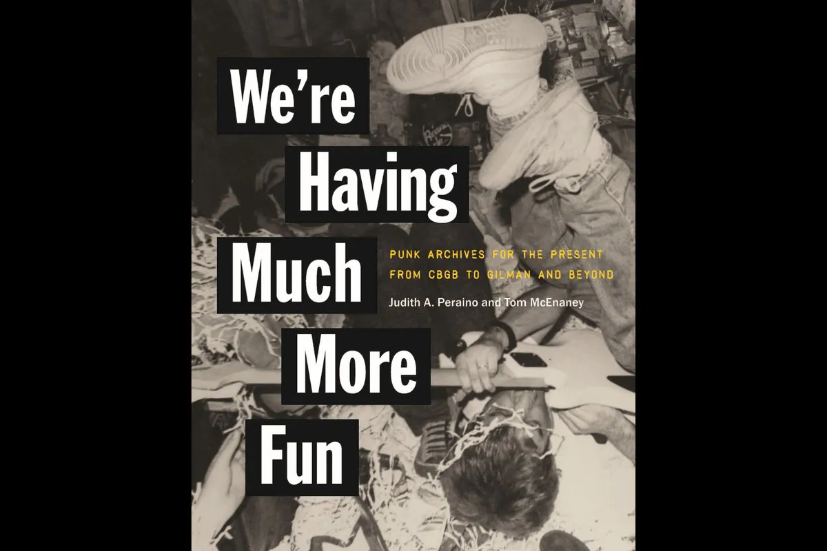 Book cover for the book "We're Having Much More Fun" black and white image of people dancing with the title superimposed on it