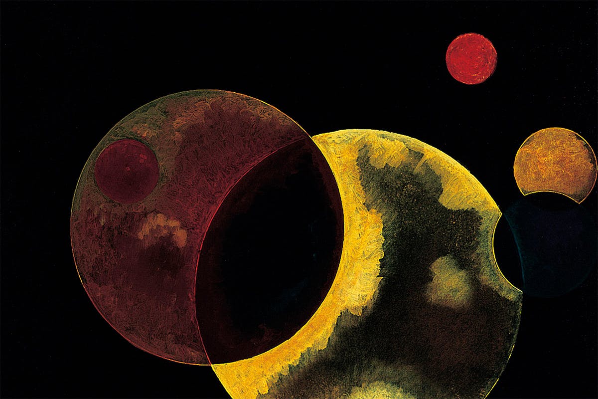 A geometric abstract painting featuring a number of colored circles, some overlapping, in a constellation that evokes heavenly bodies