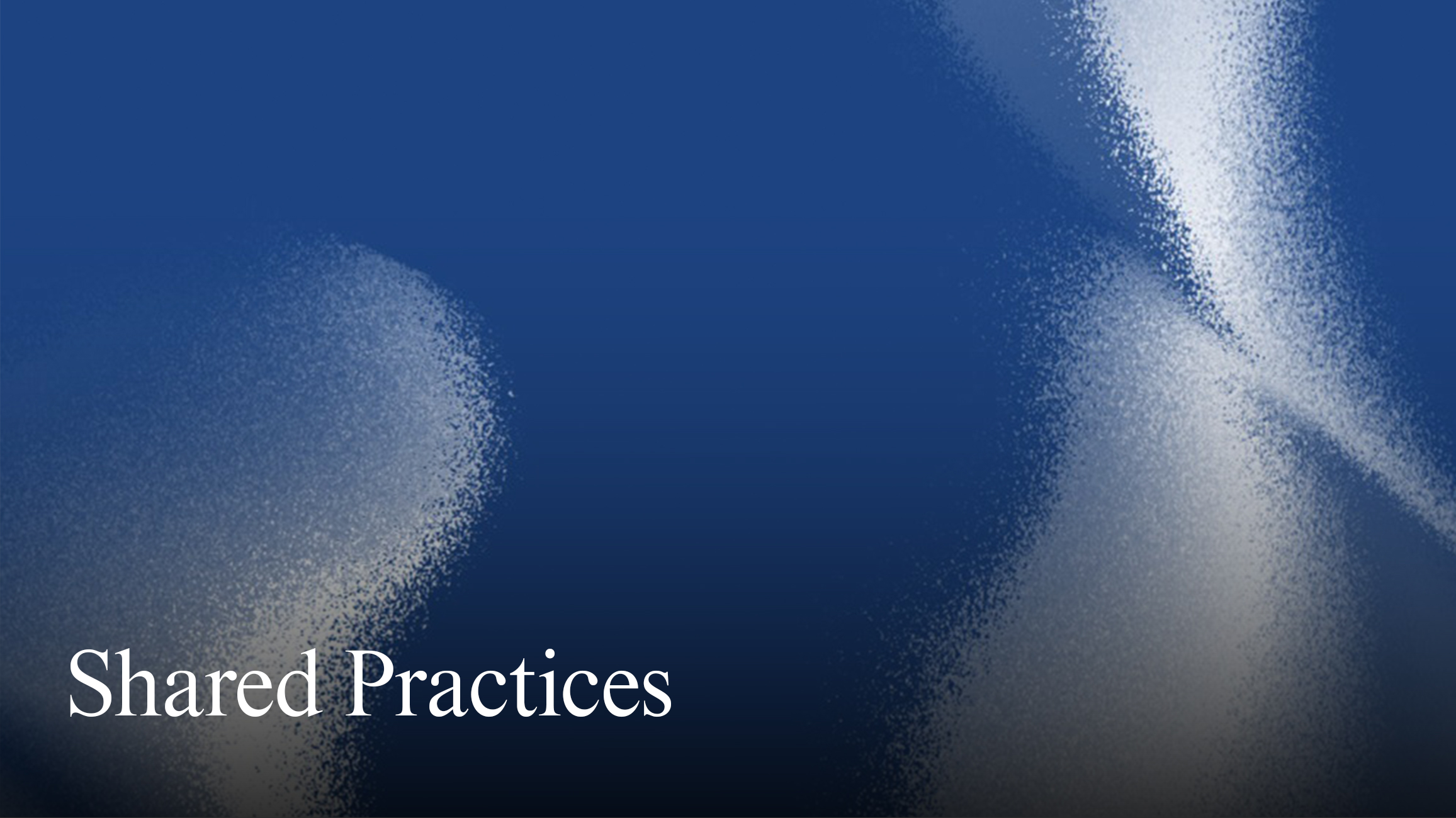 A blue graphic with mottled white swirls and the text "Shared Practices"