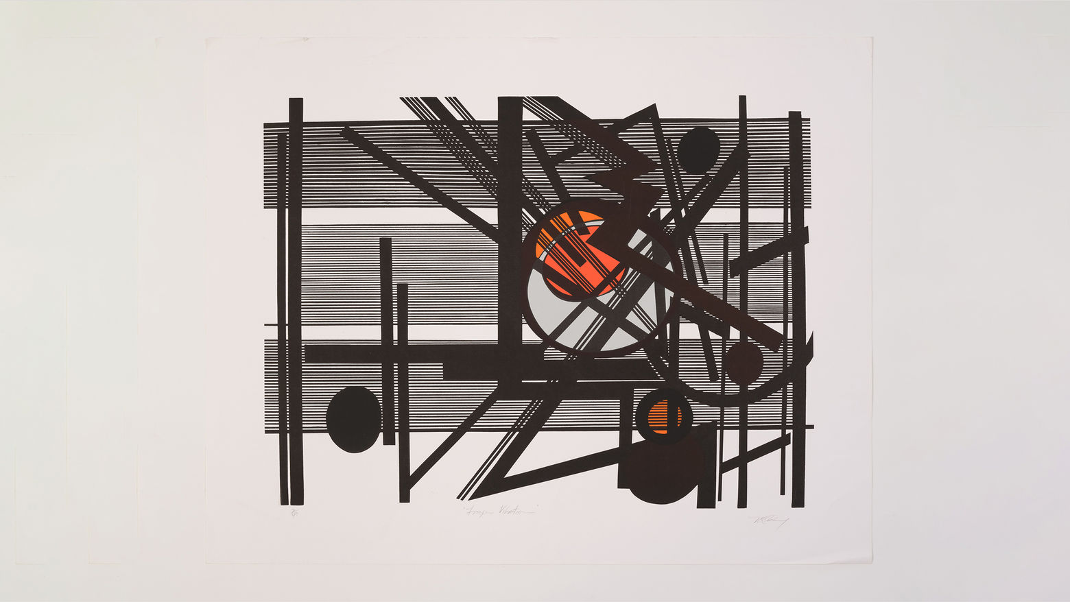 Black and orange shapes on a grey background, a work of abstract art 