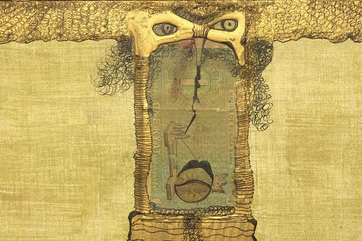 Portrait with exaggerated features, eyes ringed in gold