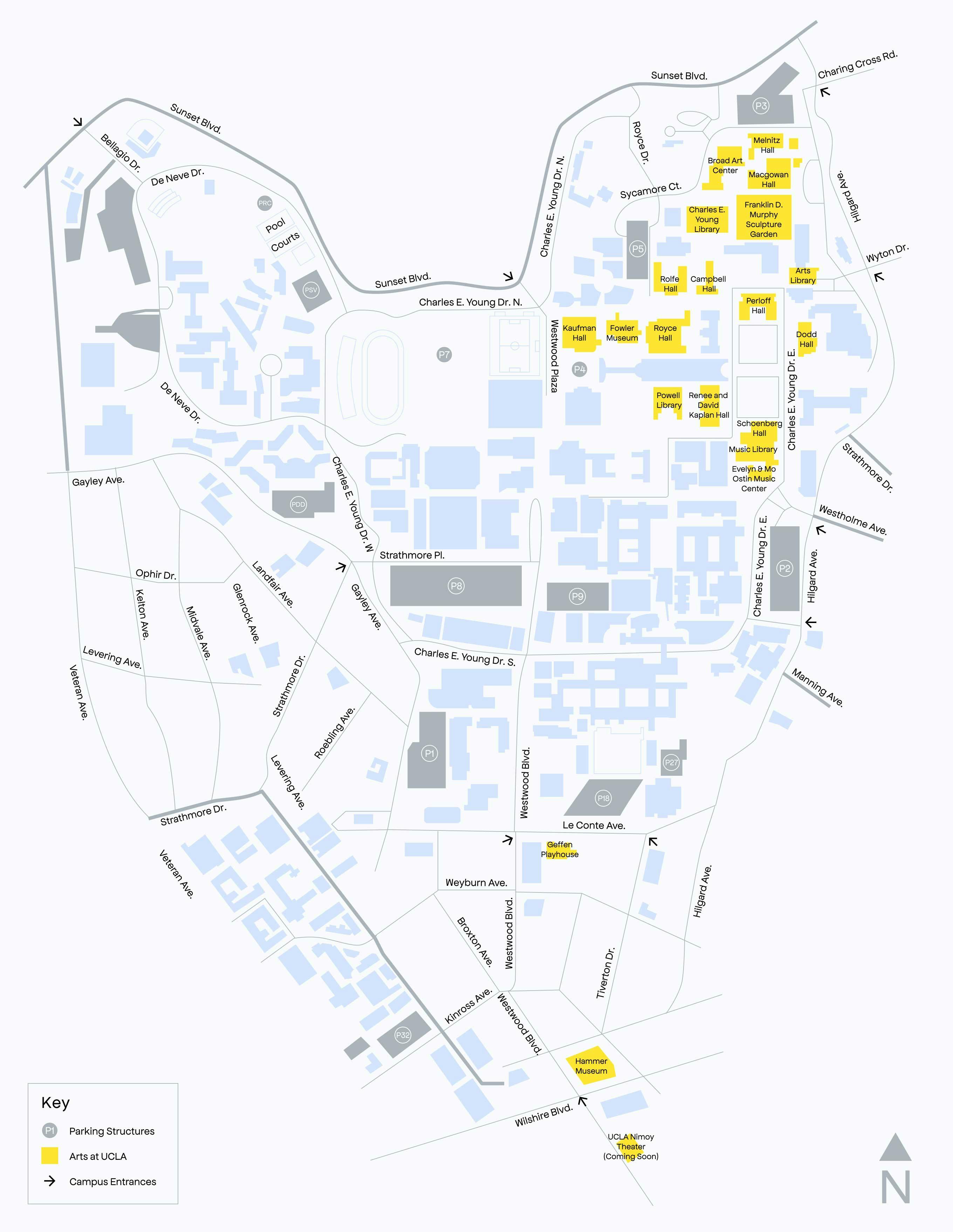 A map of the UCLA Campus with the arts buildings highlighted.