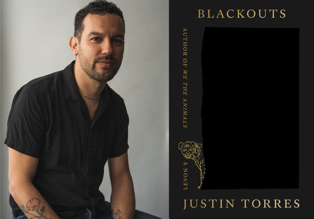man in black polo shirt looks at camera against white background next to image of his book cover