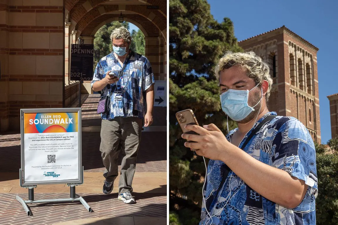 B Thompson, co-director of the Student Committee for the Arts, walking around campus listening to “Ellen Reid SOUNDWALK” on their phone.