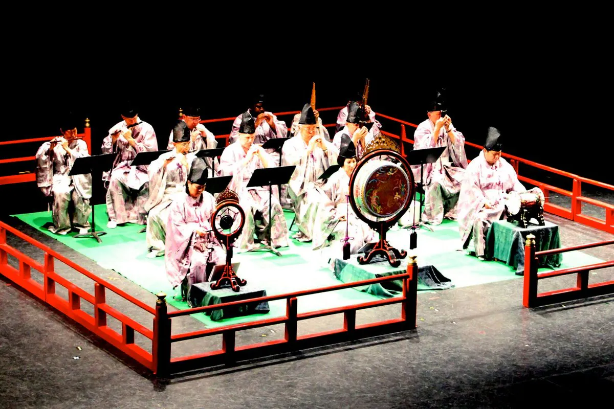 A group of performers in traditional Japanese garb