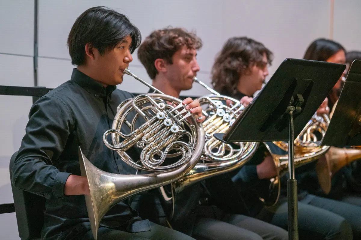 A group of french horn players perform