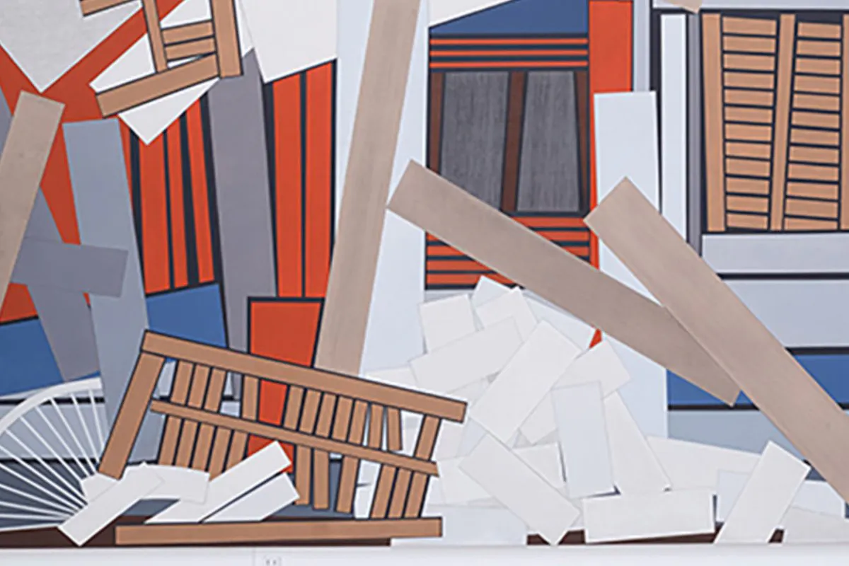 Geometric painting of a building facade with windows and shutters in disrepair