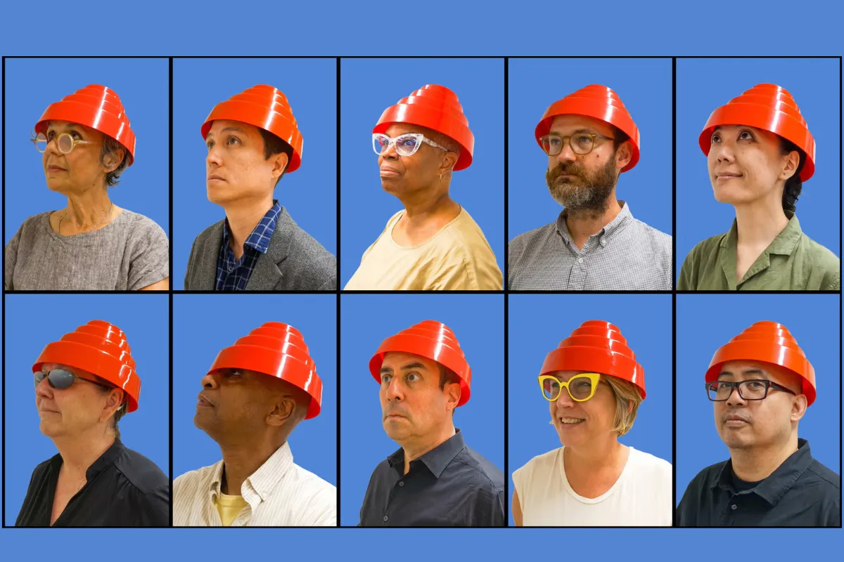 Collage featuring headshots of 10 performers against a blue background. Each one is wearing funky red plastic hats.