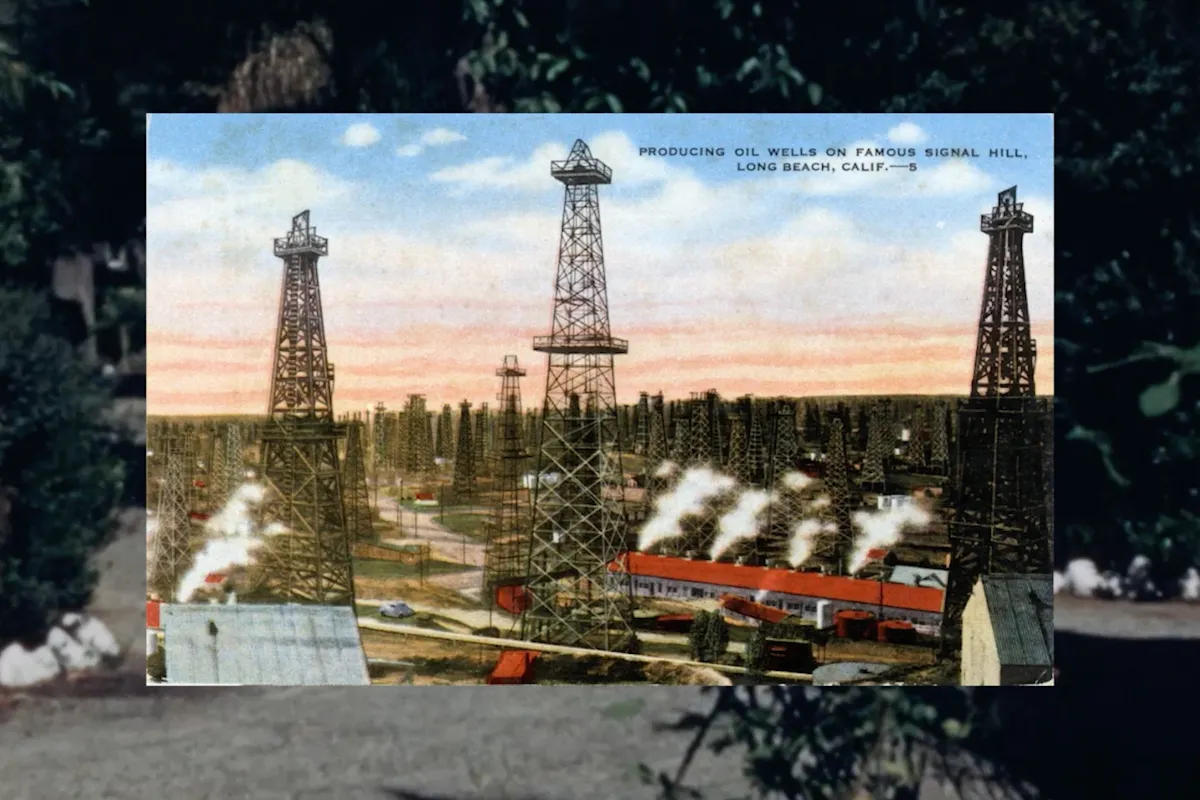 postcard of three oil wells
