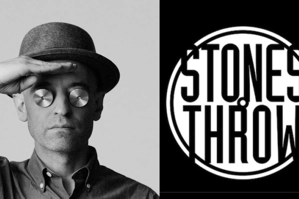 Portrait of Stones Throw Records founder Peanut Butter Wolf (Chris Manak) next to a black and white logo of the label