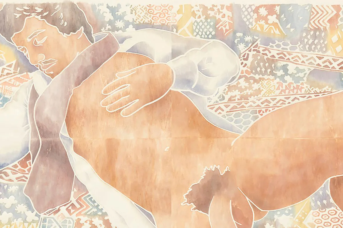 Soft depiction of a man with light skin, brown hair, and a mustache in repose, his white shirt open and his penis visible. Behind or beneath him, a patchwork of different designs