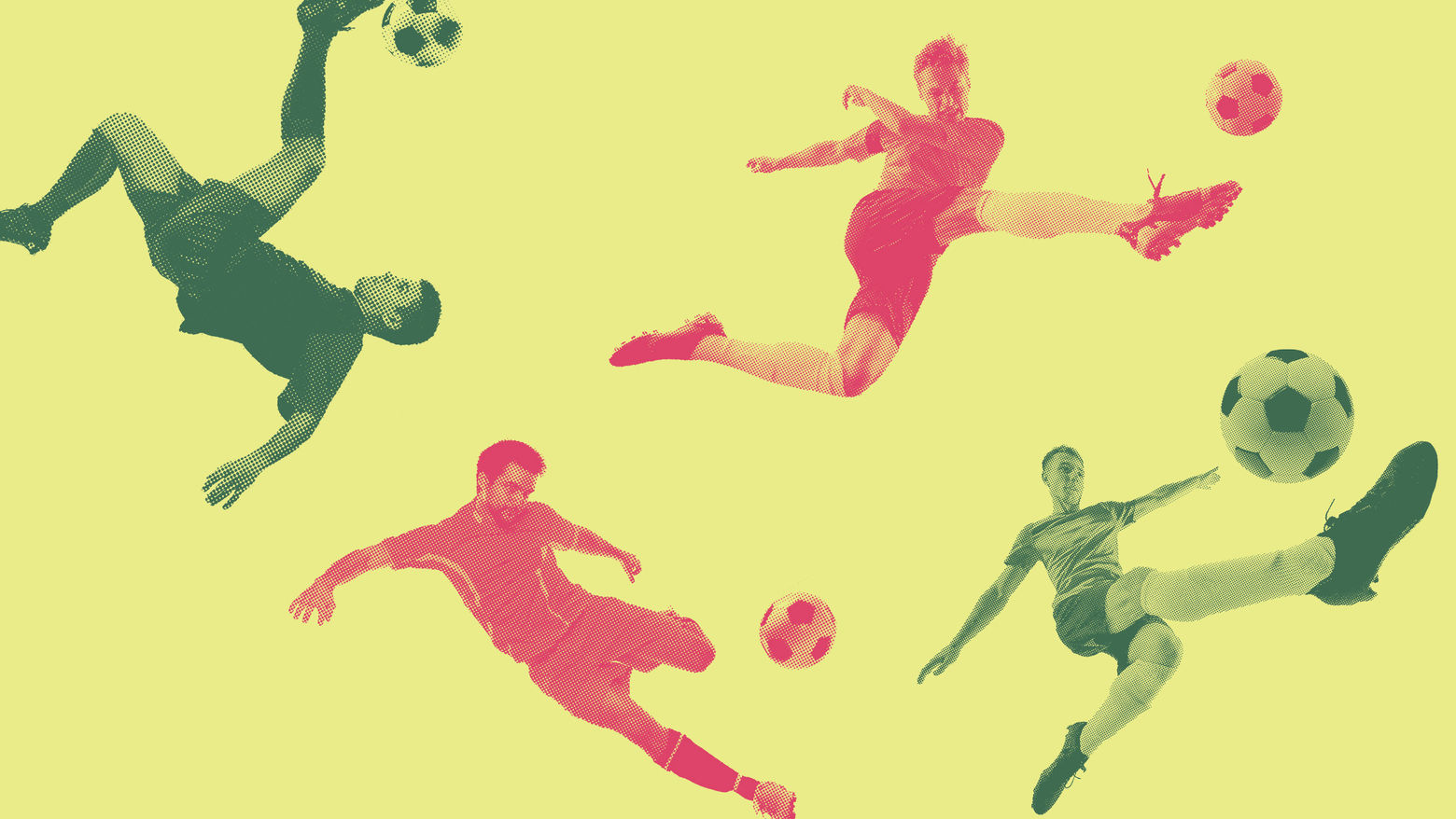 Yellow background with several sylized images of soccer players mid-kick