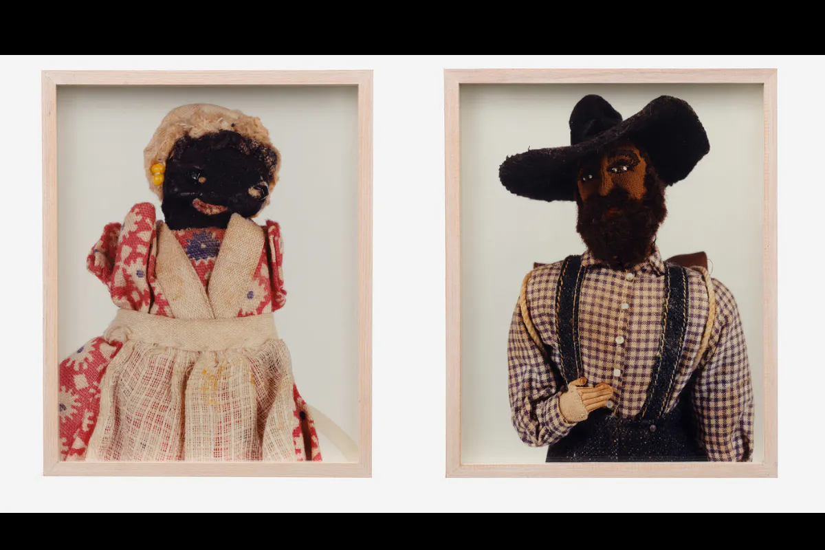Color photographs of black dolls made from yarn titled Old Salem: A Family of Strangers