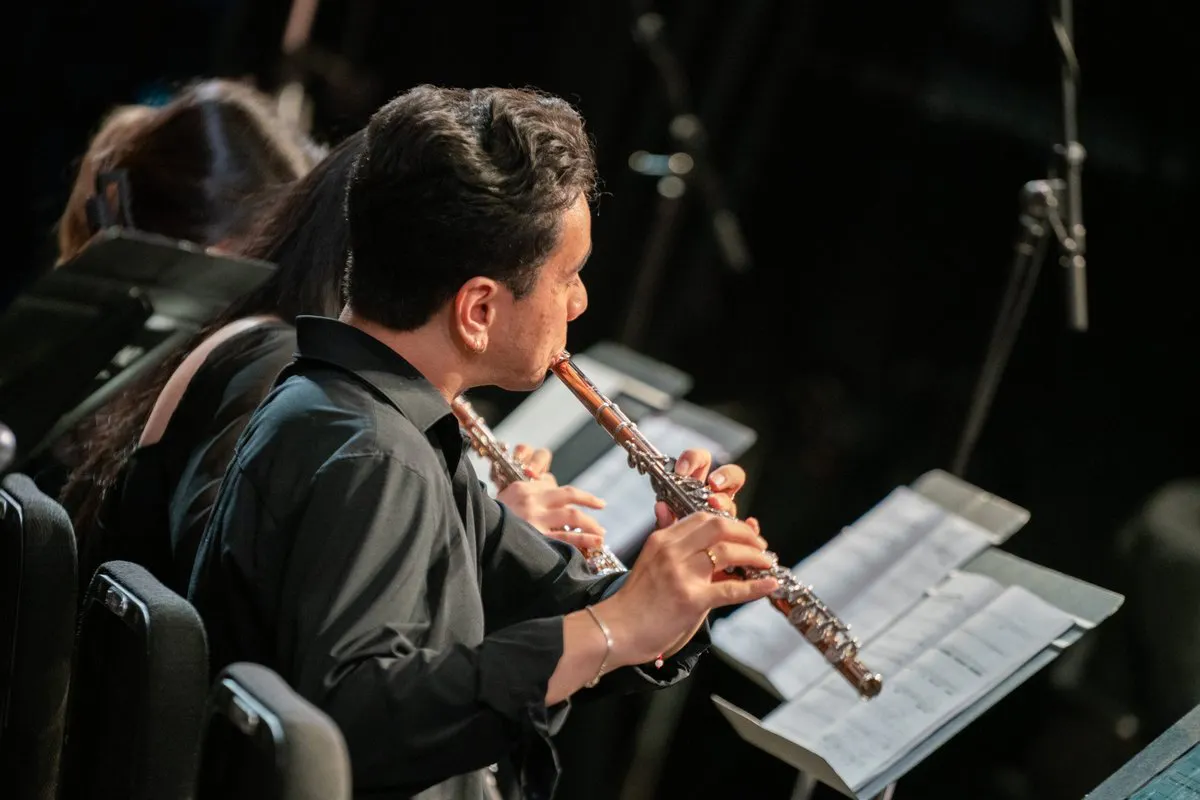 Closeup of a flutist performing with an orchestra