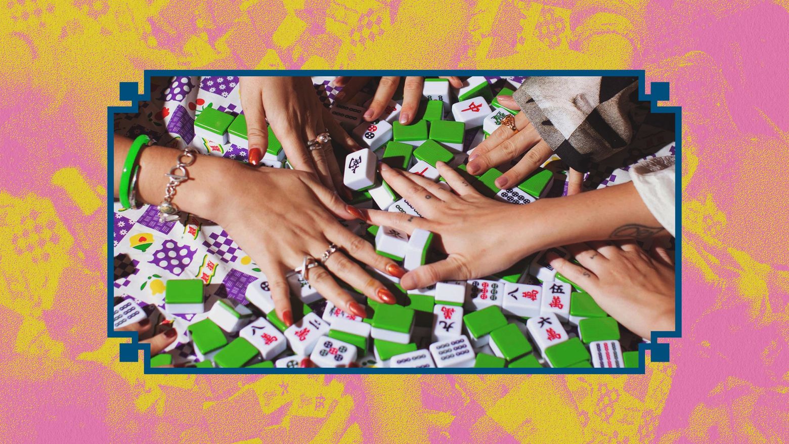 Graphic featuring a closeup shot of hands and mahjong tiles