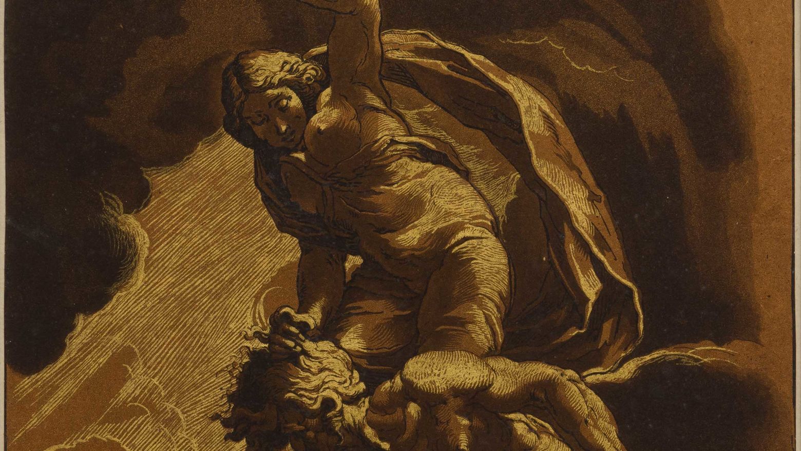 Detail view of an artwork featuring an angel on a battlefield in shades of brown