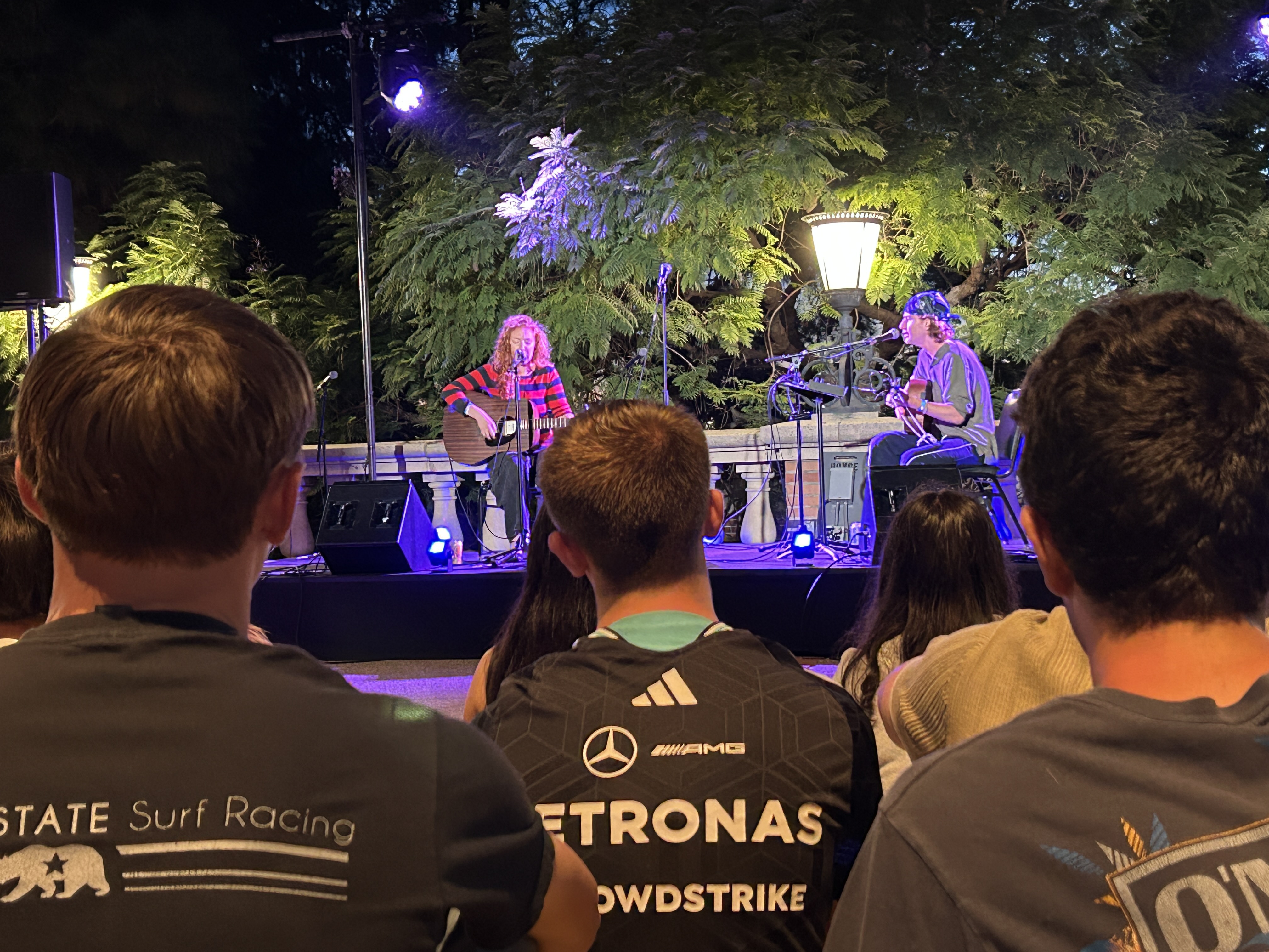 Students watch a band perform on a terrace surrounded by large trees 