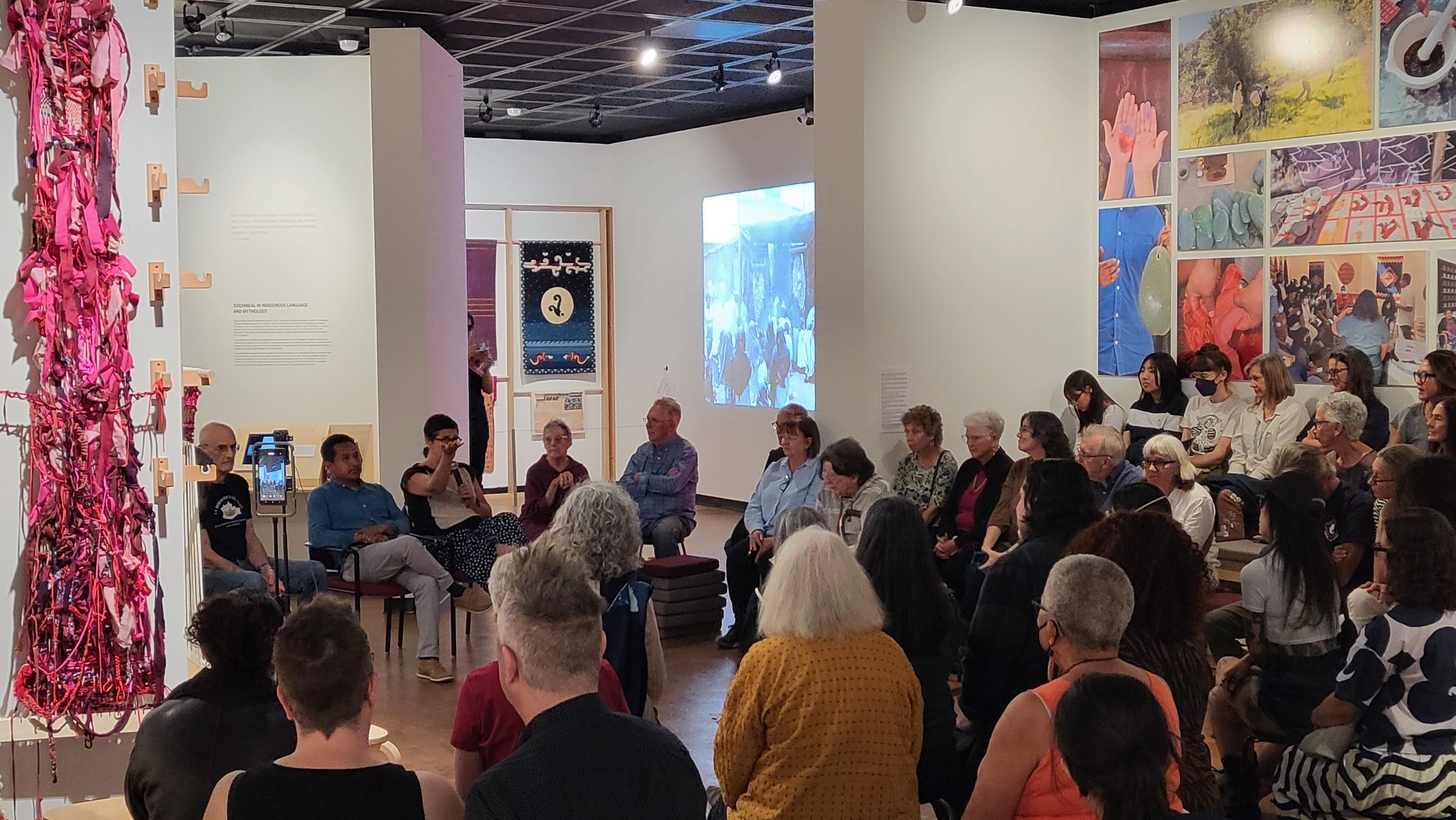 In-gallery artist talk and community weaving event for Sangre de Nopal at the Fowler Museum.