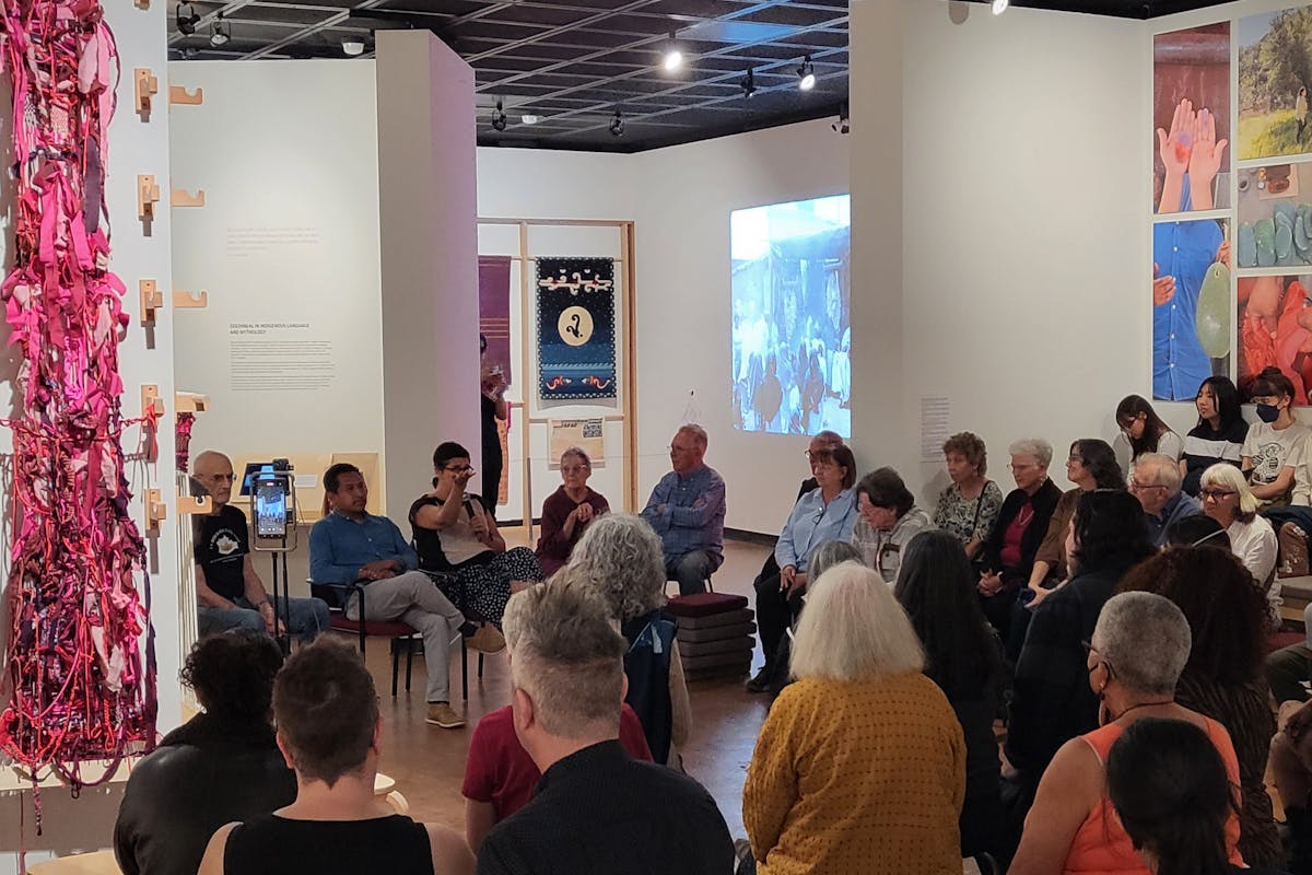 In-gallery artist talk and community weaving event for Sangre de Nopal at the Fowler Museum.