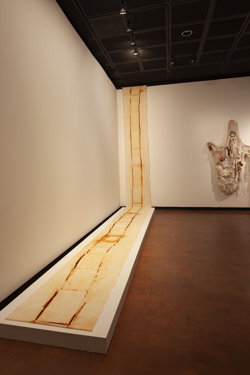 An artists rendering of a ladder on fabric extends along the floor and wall of a gallery.