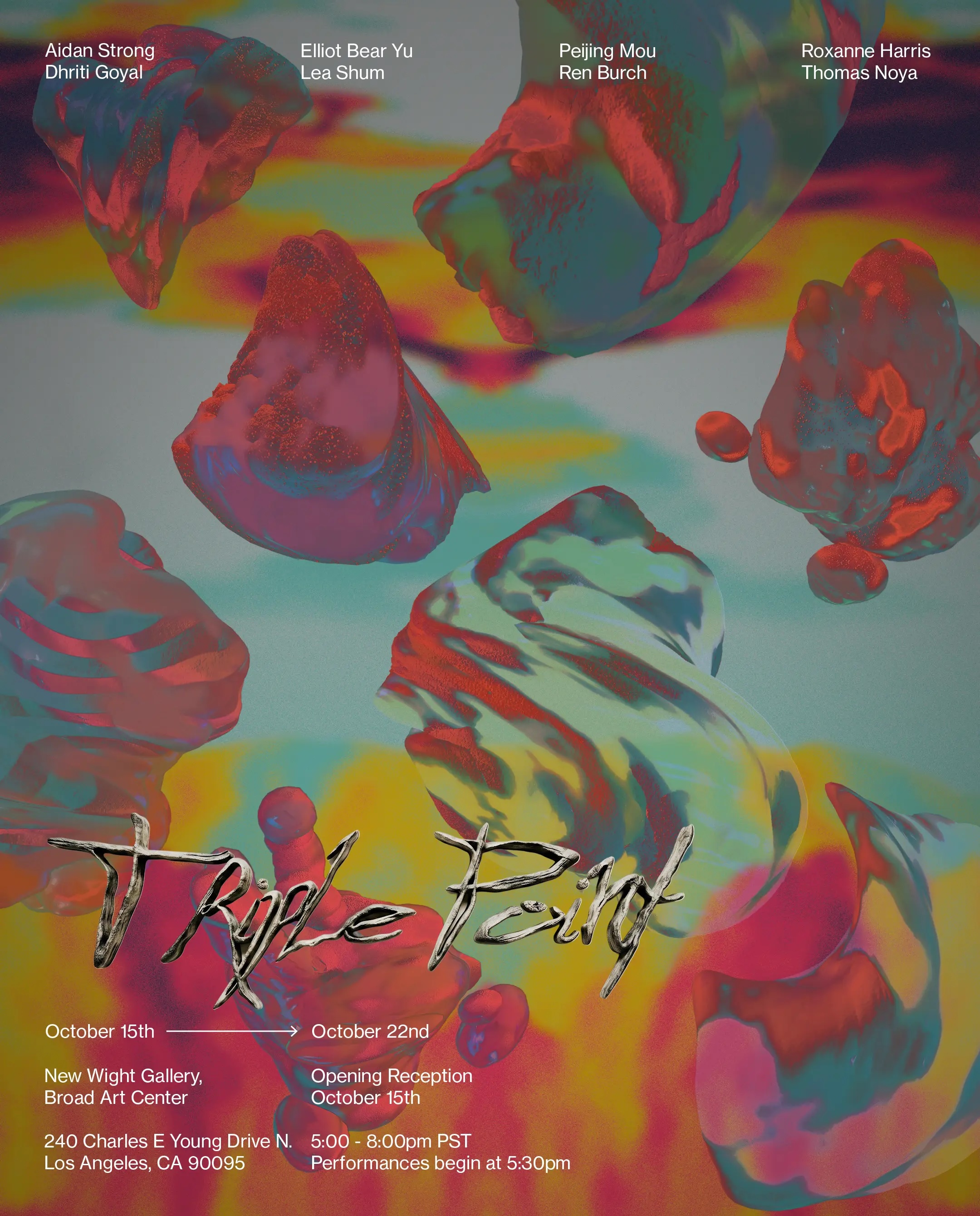 Graphic with esoteric shapes and colors in reds, blues and yellows