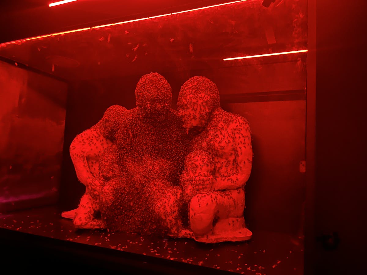 bathed in a red glow, a hive of bees crawls around a sculpture