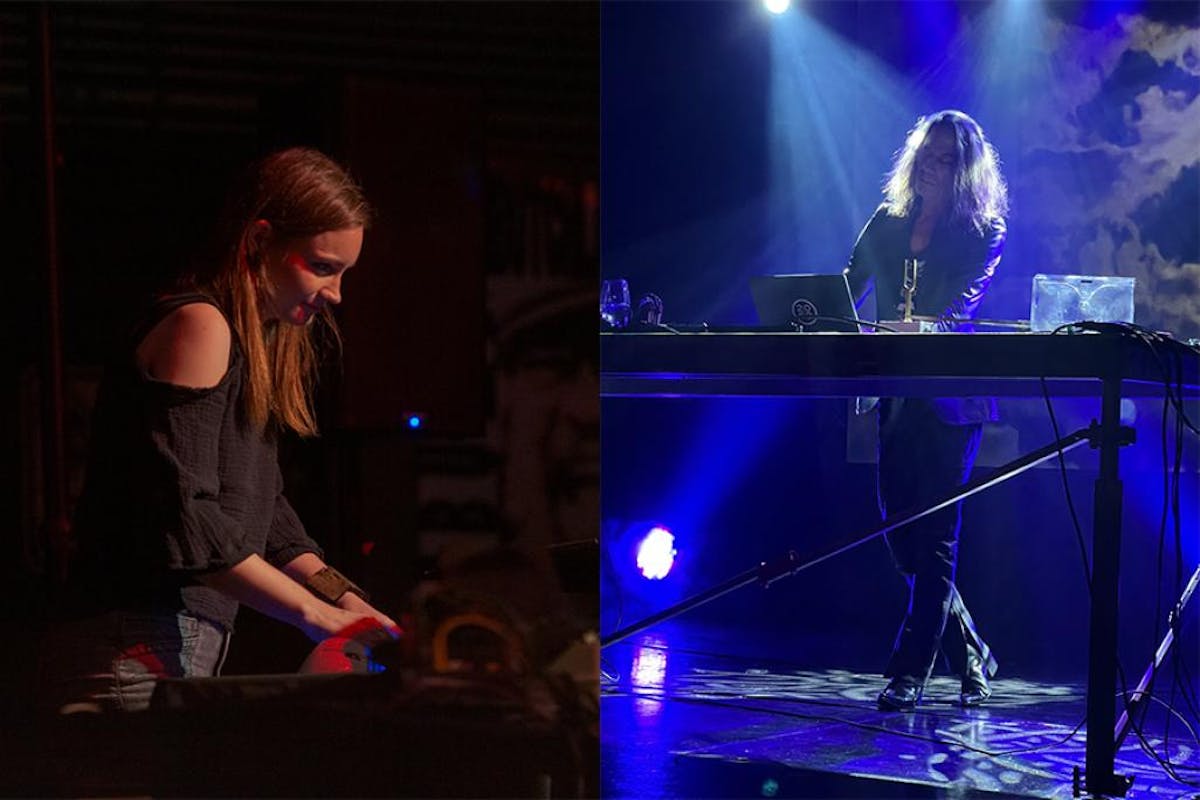 Images of two artists performing with electronic music equipment