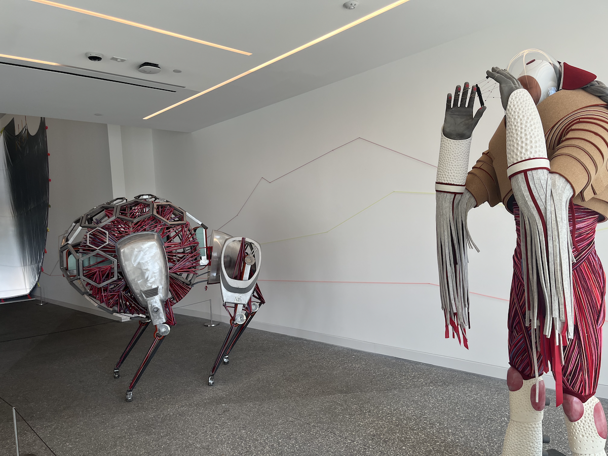 large scupltureal pieces by artist Cannupa Hanska Luger in the Hammer Museum Lobby. 