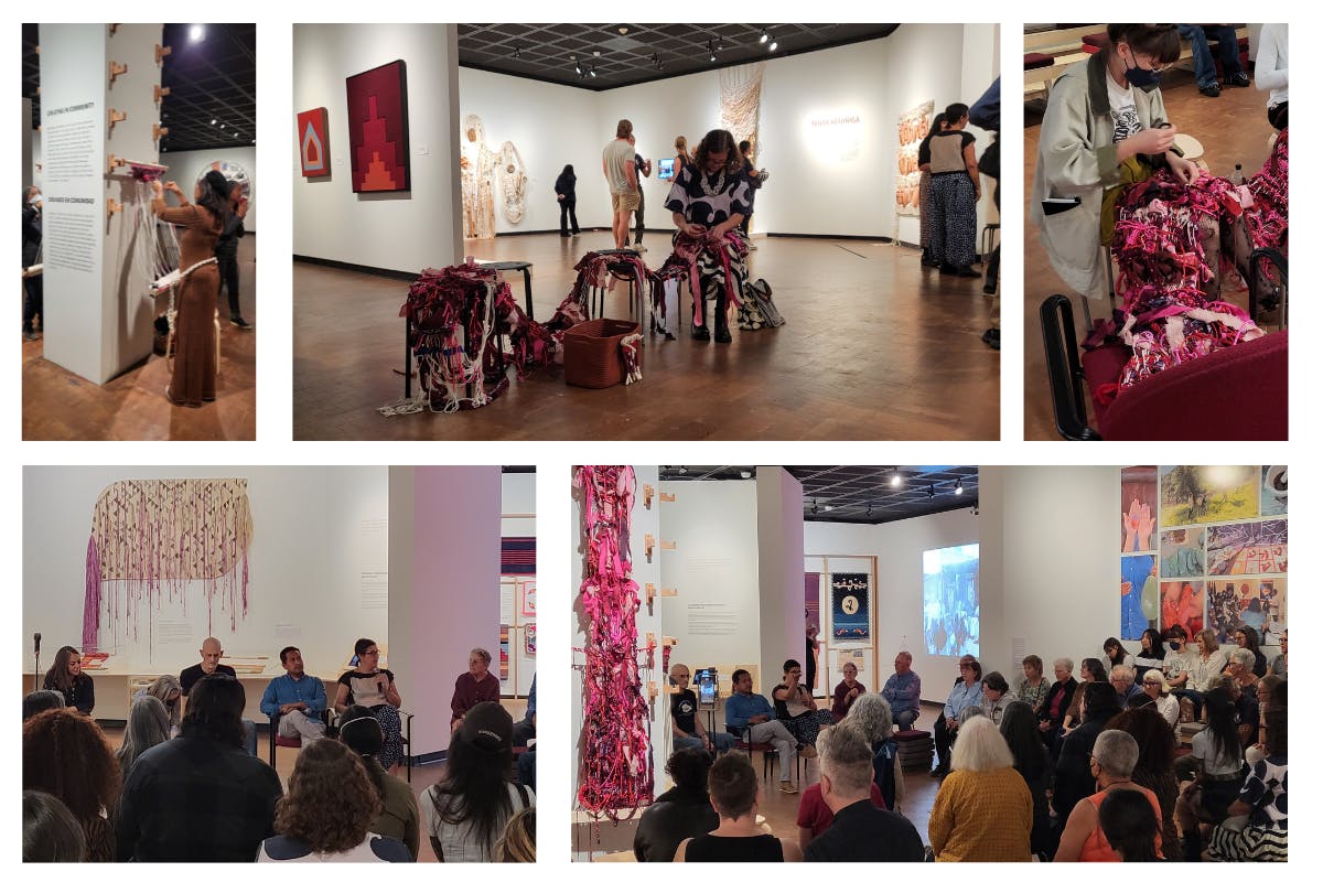 A collage of five images taken in the Fowler museum gallery for an artist talk. People learn how to weave with brightly colored textiles.