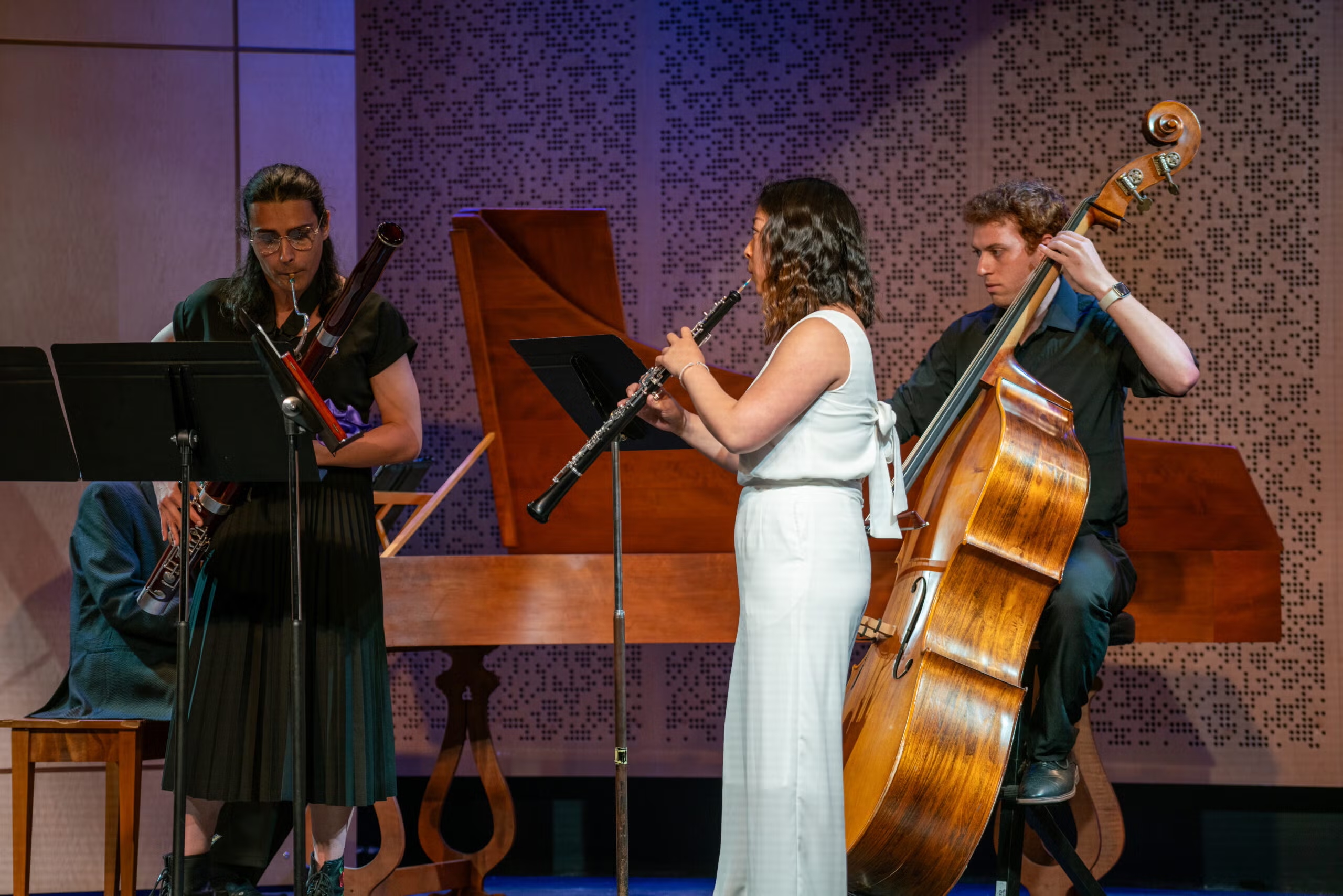 A quartet featuring piano bassoon, clarinet and bass performs