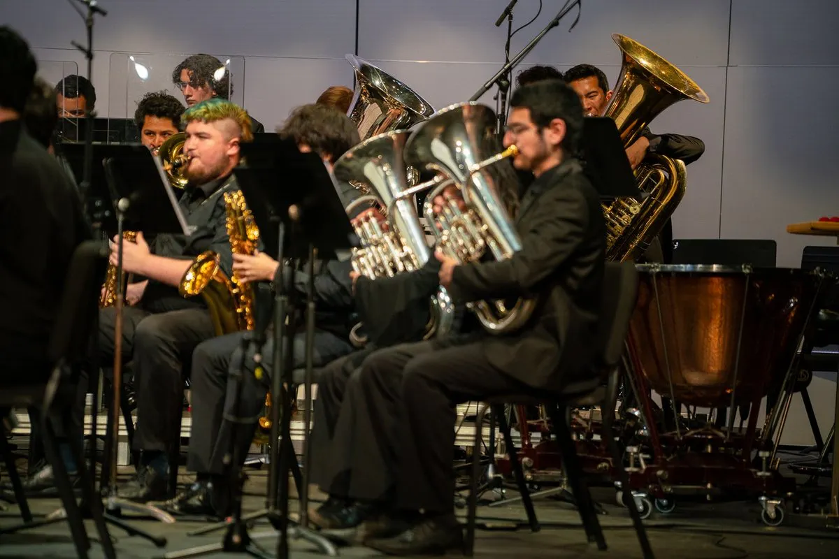 A group of horn performers onstage